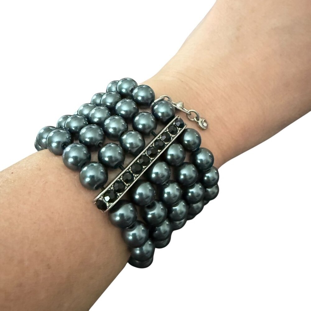 Cabi Heritage Black Pearl Bracelet Silver Tone Rhinestone Blue Gray 5 Strand - Picture 2 of 11